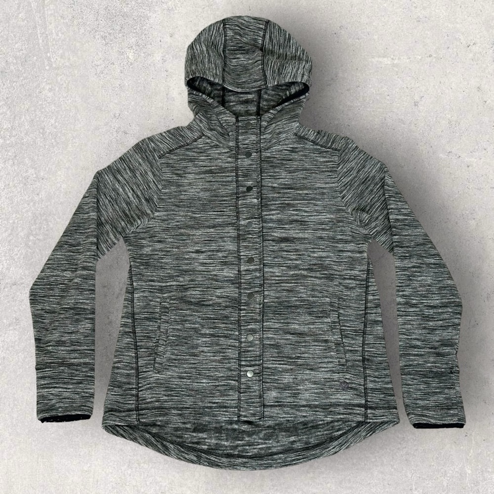 Mountain Hardwear Jacket Women Large Gray Snap Front Fleece Hiking Hoodie Hooded